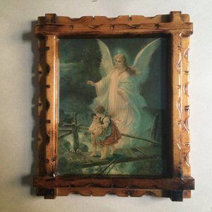 vintage wall hanging wood framed print on board children angel